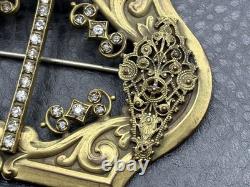 VTG Victorian Antique Filigree Brooch Rhinestone Gold Tone C Clasp Buckle Pin