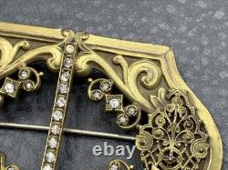 VTG Victorian Antique Filigree Brooch Rhinestone Gold Tone C Clasp Buckle Pin