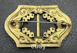 VTG Victorian Antique Filigree Brooch Rhinestone Gold Tone C Clasp Buckle Pin