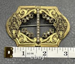 VTG Victorian Antique Filigree Brooch Rhinestone Gold Tone C Clasp Buckle Pin