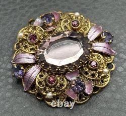VTG West Germany Gold Tone Purple Rhinestone Enamel Filigree Brooch Faux Pearl