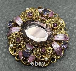 VTG West Germany Gold Tone Purple Rhinestone Enamel Filigree Brooch Faux Pearl