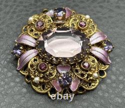 VTG West Germany Gold Tone Purple Rhinestone Enamel Filigree Brooch Faux Pearl