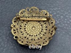 VTG West Germany Gold Tone Purple Rhinestone Enamel Filigree Brooch Faux Pearl