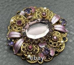 VTG West Germany Gold Tone Purple Rhinestone Enamel Filigree Brooch Faux Pearl