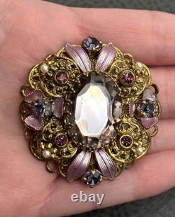 VTG West Germany Gold Tone Purple Rhinestone Enamel Filigree Brooch Faux Pearl