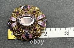 VTG West Germany Gold Tone Purple Rhinestone Enamel Filigree Brooch Faux Pearl