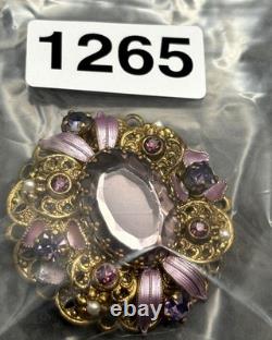 VTG West Germany Gold Tone Purple Rhinestone Enamel Filigree Brooch Faux Pearl