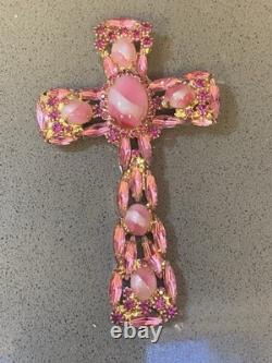VTg Alice Caviness Pink White Swirl Rhinestone Cross Brooch Pin Pendant 4T