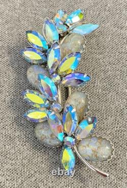 Vendome Signed Austrian Crystal Leaf Brooch Pendant Blues Rhinestone Vintage