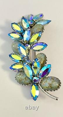 Vendome Signed Austrian Crystal Leaf Brooch Pendant Blues Rhinestone Vintage