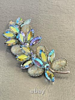 Vendome Signed Austrian Crystal Leaf Brooch Pendant Blues Rhinestone Vintage