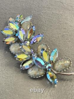 Vendome Signed Austrian Crystal Leaf Brooch Pendant Blues Rhinestone Vintage