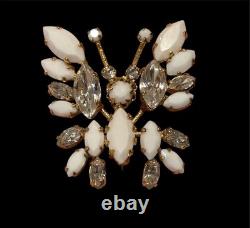 Verified Schreiner White Milk Glass Butterfly Trembler Brooch Unsigned Vintage