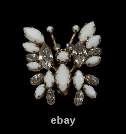 Verified Schreiner White Milk Glass Butterfly Trembler Brooch Unsigned Vintage