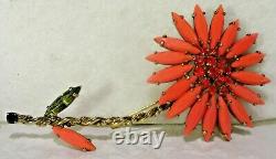 Vibrant Vintage WEISS Orange OPAGUE Navettes ORANGE RHINESTONE Flower Brooch PIN