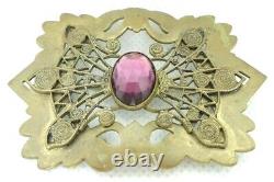 Vintage 1910s Edwardian Brooch Sash Pin Purple Stone Brass Filigree C Clasp