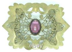 Vintage 1910s Edwardian Brooch Sash Pin Purple Stone Brass Filigree C Clasp