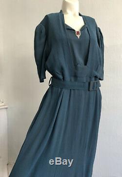 Vintage 1930s Blue Textured Crepe Silk Day Dress Matching Belt Rhinestone Brooch