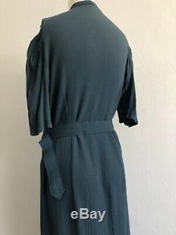 Vintage 1930s Blue Textured Crepe Silk Day Dress Matching Belt Rhinestone Brooch