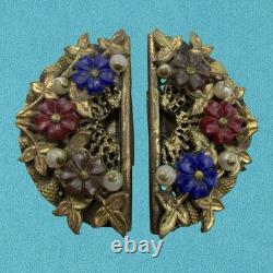 Vintage 1930s? Czech MOLDED Glass ART DECO Dress Clip Brooch Brass Filigree