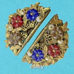 Vintage 1930s? Czech MOLDED Glass ART DECO Dress Clip Brooch Brass Filigree