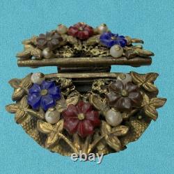 Vintage 1930s? Czech MOLDED Glass ART DECO Dress Clip Brooch Brass Filigree