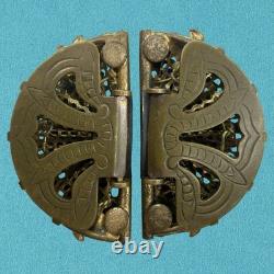 Vintage 1930s? Czech MOLDED Glass ART DECO Dress Clip Brooch Brass Filigree