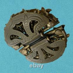 Vintage 1930s? Czech MOLDED Glass ART DECO Dress Clip Brooch Brass Filigree