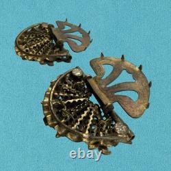 Vintage 1930s? Czech MOLDED Glass ART DECO Dress Clip Brooch Brass Filigree