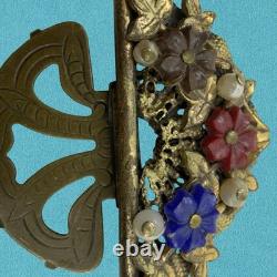 Vintage 1930s? Czech MOLDED Glass ART DECO Dress Clip Brooch Brass Filigree