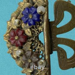 Vintage 1930s? Czech MOLDED Glass ART DECO Dress Clip Brooch Brass Filigree