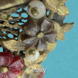 Vintage 1930s? Czech MOLDED Glass ART DECO Dress Clip Brooch Brass Filigree