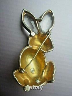 Vintage 1940's H. POMERANTZ BUNNY RABBIT BROOCH Pin Glass Ears Rhinestone Easter