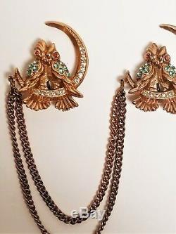 Vintage 1940's OWL & MOON Rhinestone CHATELAINE Sweater GUARDS DOUBLE Brooches