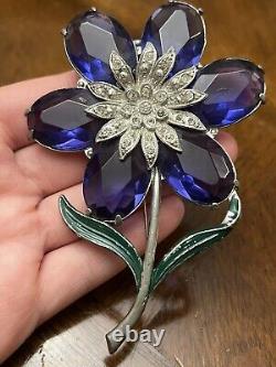 Vintage 1940's Sapphire Blue Rhinestone Enamel Flower Brooch Bigger Size Wow