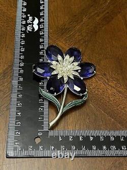 Vintage 1940's Sapphire Blue Rhinestone Enamel Flower Brooch Bigger Size Wow