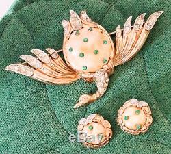 Vintage 1940's TRIFARI Ming Duck Brooch, Earrings Set, Pearl Belly, Rhinestone