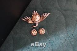 Vintage 1940's TRIFARI Ming Duck Brooch, Earrings Set, Pearl Belly, Rhinestone