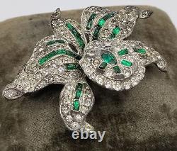 Vintage 1940's Water Lily Orchid Trembler Brooch Green & Clear Rhinestone