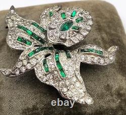 Vintage 1940's Water Lily Orchid Trembler Brooch Green & Clear Rhinestone