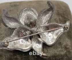 Vintage 1940's Water Lily Orchid Trembler Brooch Green & Clear Rhinestone