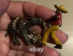 Vintage 1940s Bauman-Massa Enamel Rhinestone Stubborn Donkey Mexican Pin Brooch