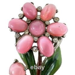 Vintage 1940s Pink Lucite Moonglow Rhinestone Enamel Flower Fur Clip Brooch