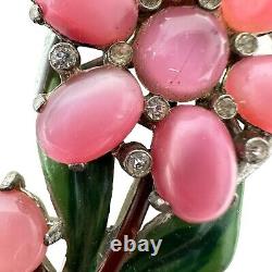 Vintage 1940s Pink Lucite Moonglow Rhinestone Enamel Flower Fur Clip Brooch