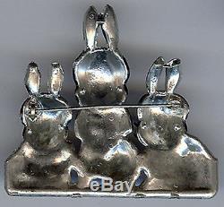 Vintage 1940s Rhinestone & Enamel Naughty Bunny Rabbits Pin Brooch