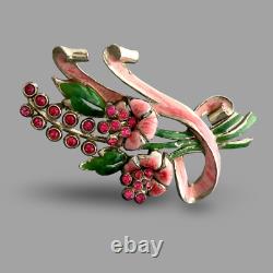 Vintage 1940s Signed CORO Pink Flower Spray Enamel Rhinestone Figural Brooch Pin