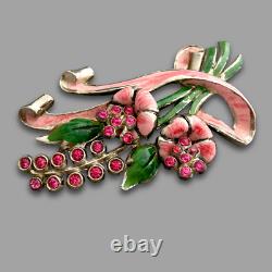 Vintage 1940s Signed CORO Pink Flower Spray Enamel Rhinestone Figural Brooch Pin