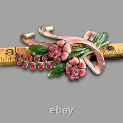 Vintage 1940s Signed CORO Pink Flower Spray Enamel Rhinestone Figural Brooch Pin