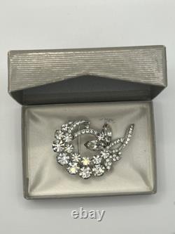 Vintage 1940s Signed Eisenberg Ice Clear Rhinestone Brooch Pin 2 Stunning Box
